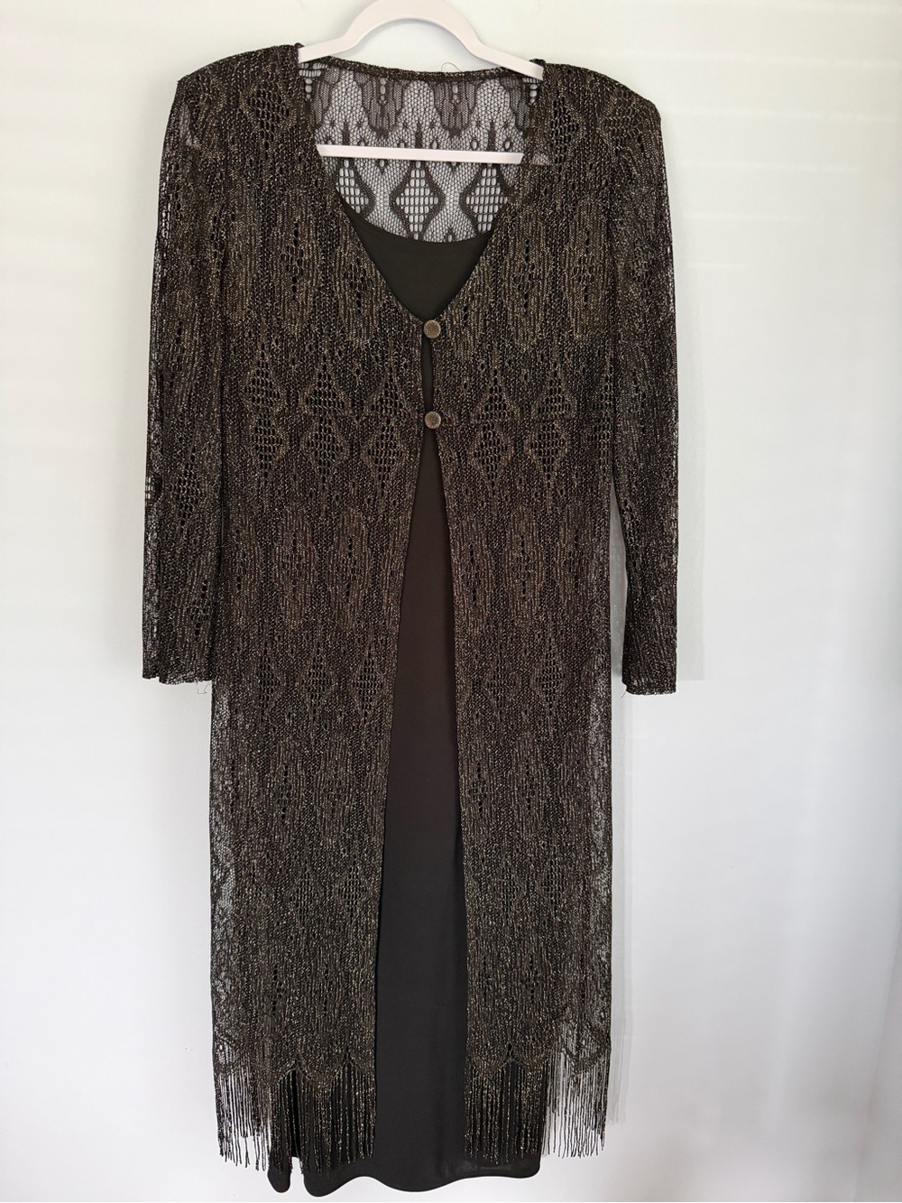 SL Fashions 2 PC Set Dress Duster Jacket Womens 10 Black Metallic Gold Lace Maxi